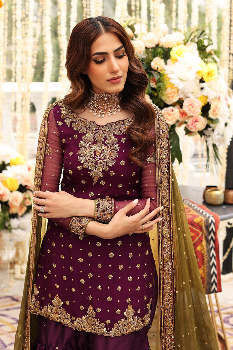 Plum Chiffon Ready to Wear Sequence and Addawork Garara Suit
