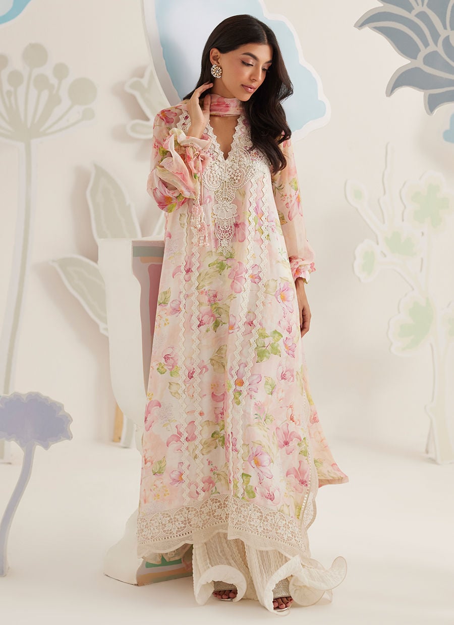 Ivory Floral Printed and Embroidered Lawn Suit | RTW