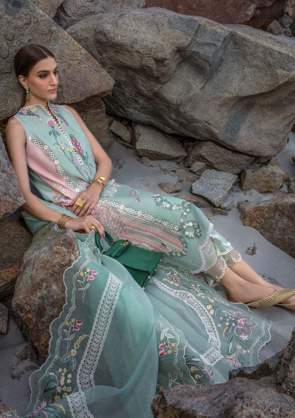 Mint Green and Pink Embroidered Lawn Cotton Suit with Organza Dupatta | RTW