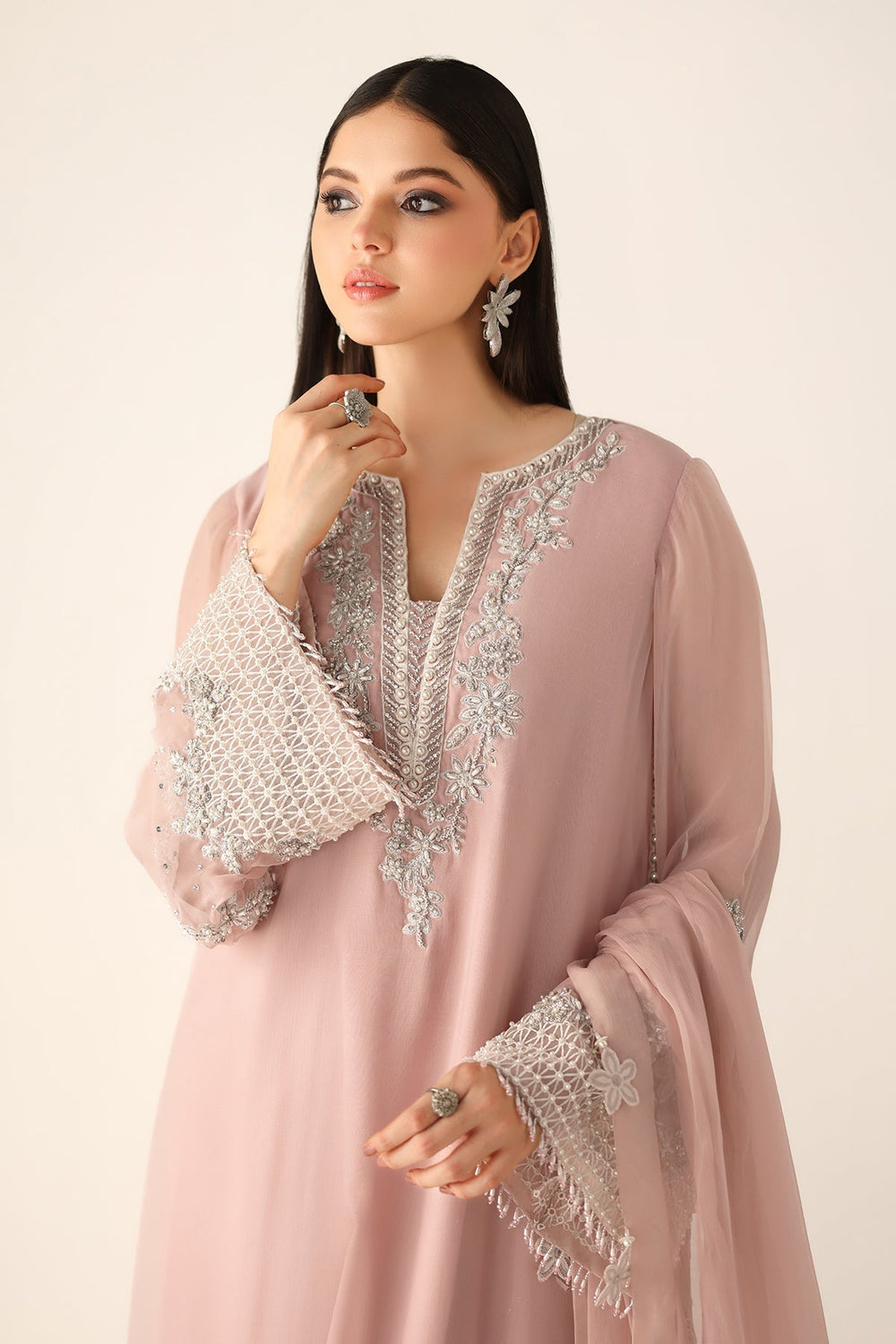 Blushing Rose Hand-Embellished Chiffon Festive Suit | RTW