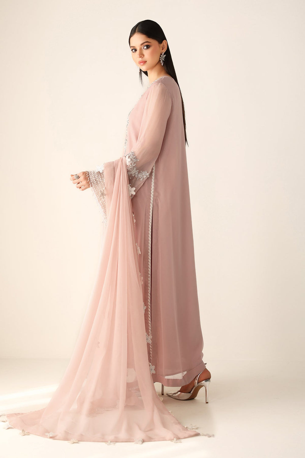 Blushing Rose Hand-Embellished Chiffon Festive Suit | RTW