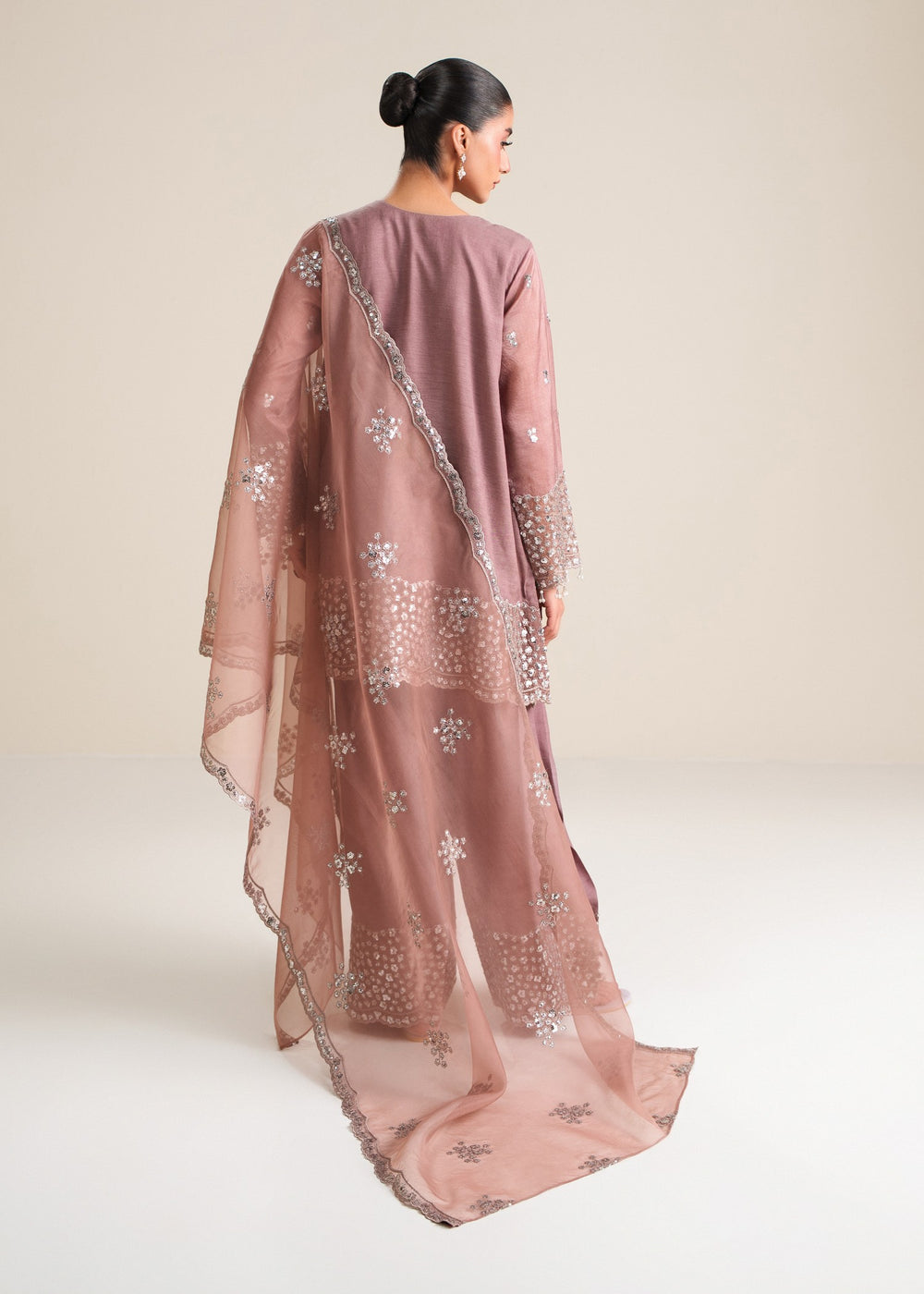 Dusty Mauve Cotton Silk Embroidered Suit with Organza Dupatta | Ready to Wear
