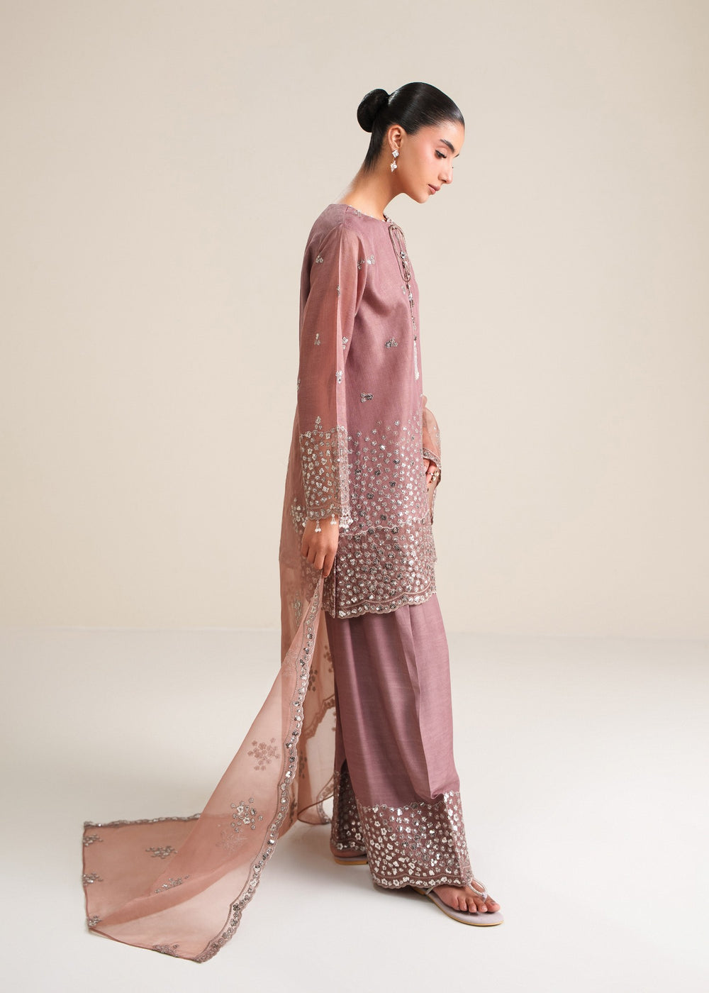 Dusty Mauve Cotton Silk Embroidered Suit with Organza Dupatta | Ready to Wear
