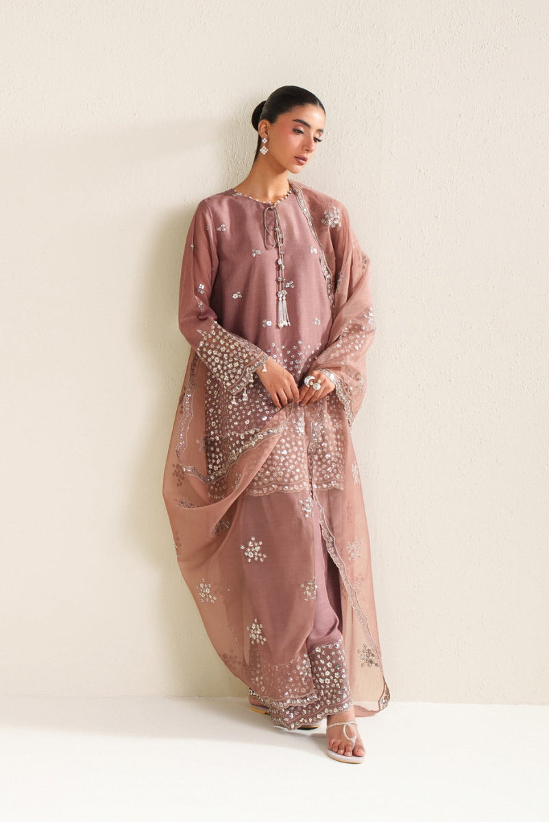 Dusty Mauve Cotton Silk Embroidered Suit with Organza Dupatta | Ready to Wear