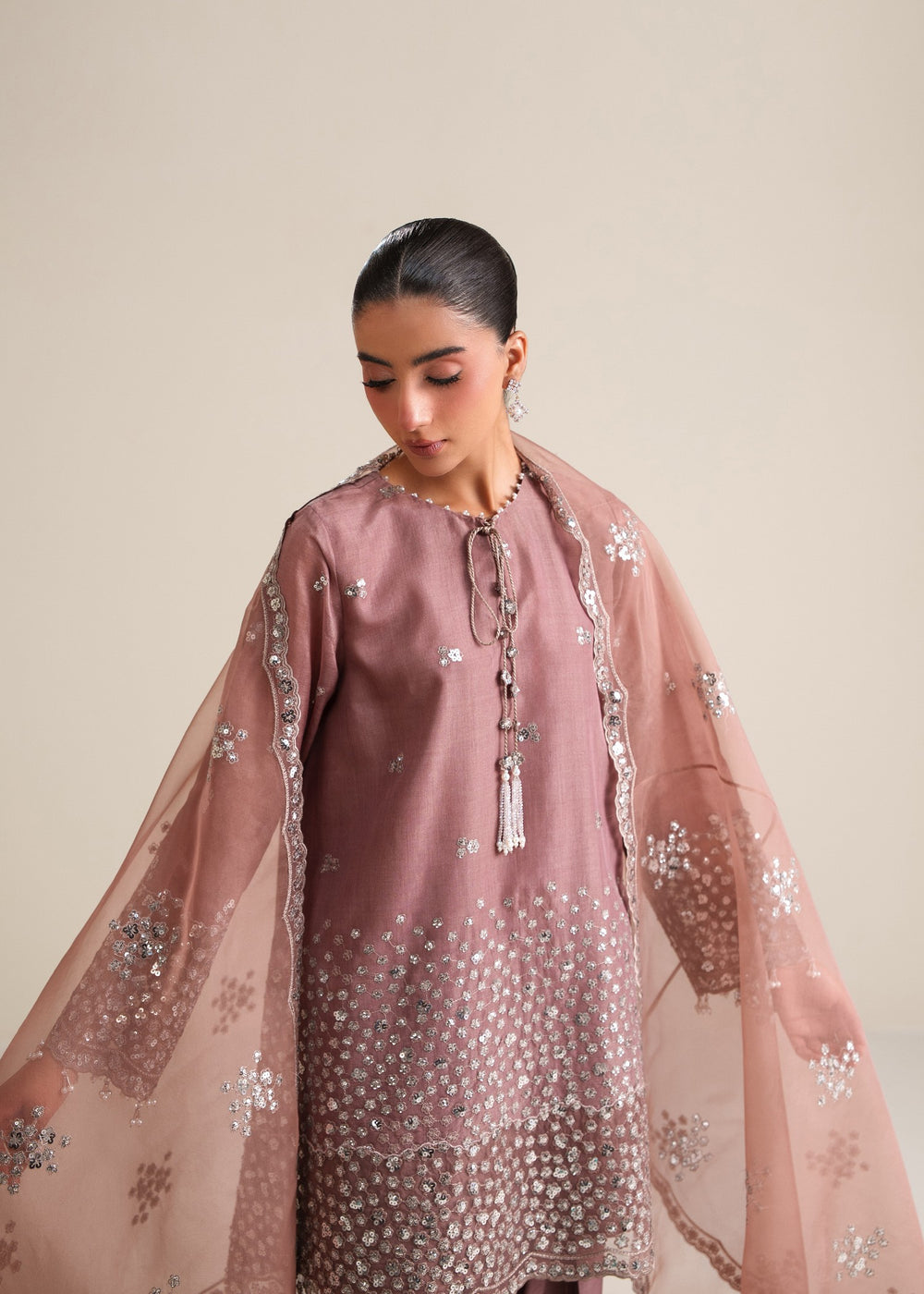 Dusty Mauve Cotton Silk Embroidered Suit with Organza Dupatta | Ready to Wear