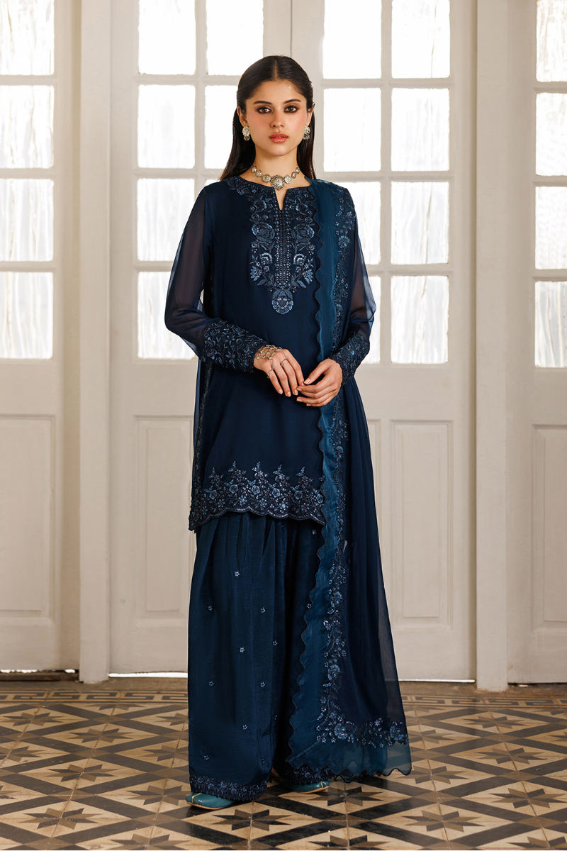 Navy Blue Embroidered Chiffon Short Shirt Suit | Ready to Wear