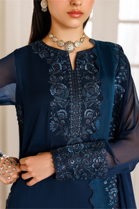 Navy Blue Embroidered Chiffon Short Shirt Suit | Ready to Wear