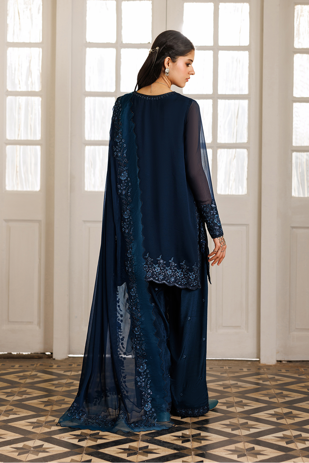 Navy Blue Embroidered Chiffon Short Shirt Suit | Ready to Wear