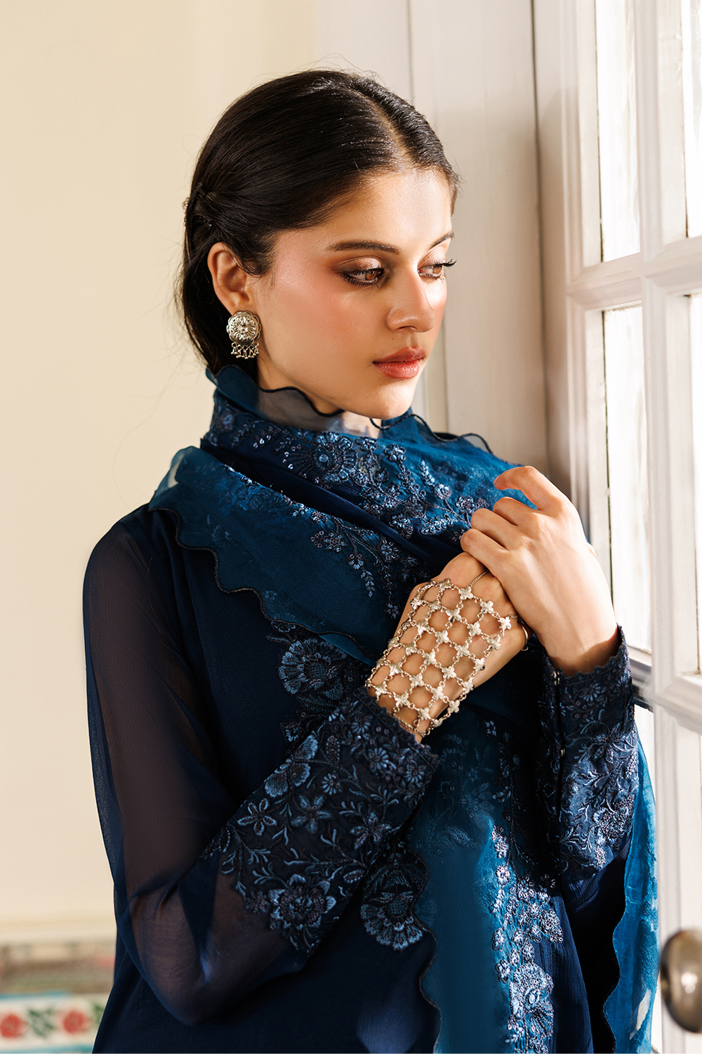 Navy Blue Embroidered Chiffon Short Shirt Suit | Ready to Wear