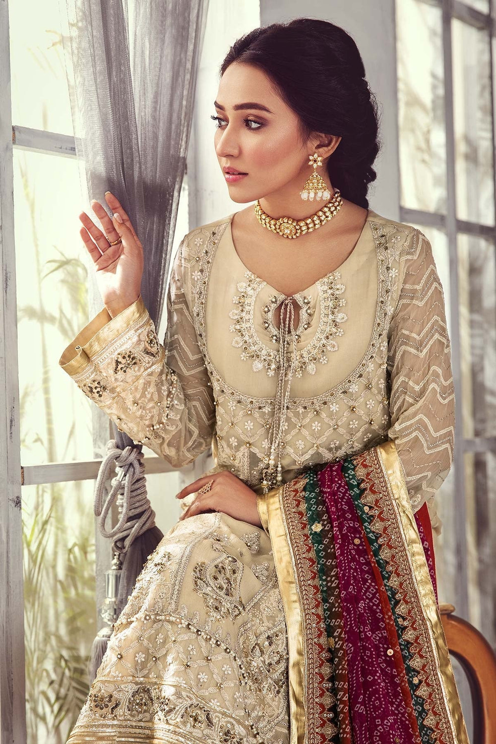 Beige Chiffon stitched with Addawork and Silk Dupatta |RTW