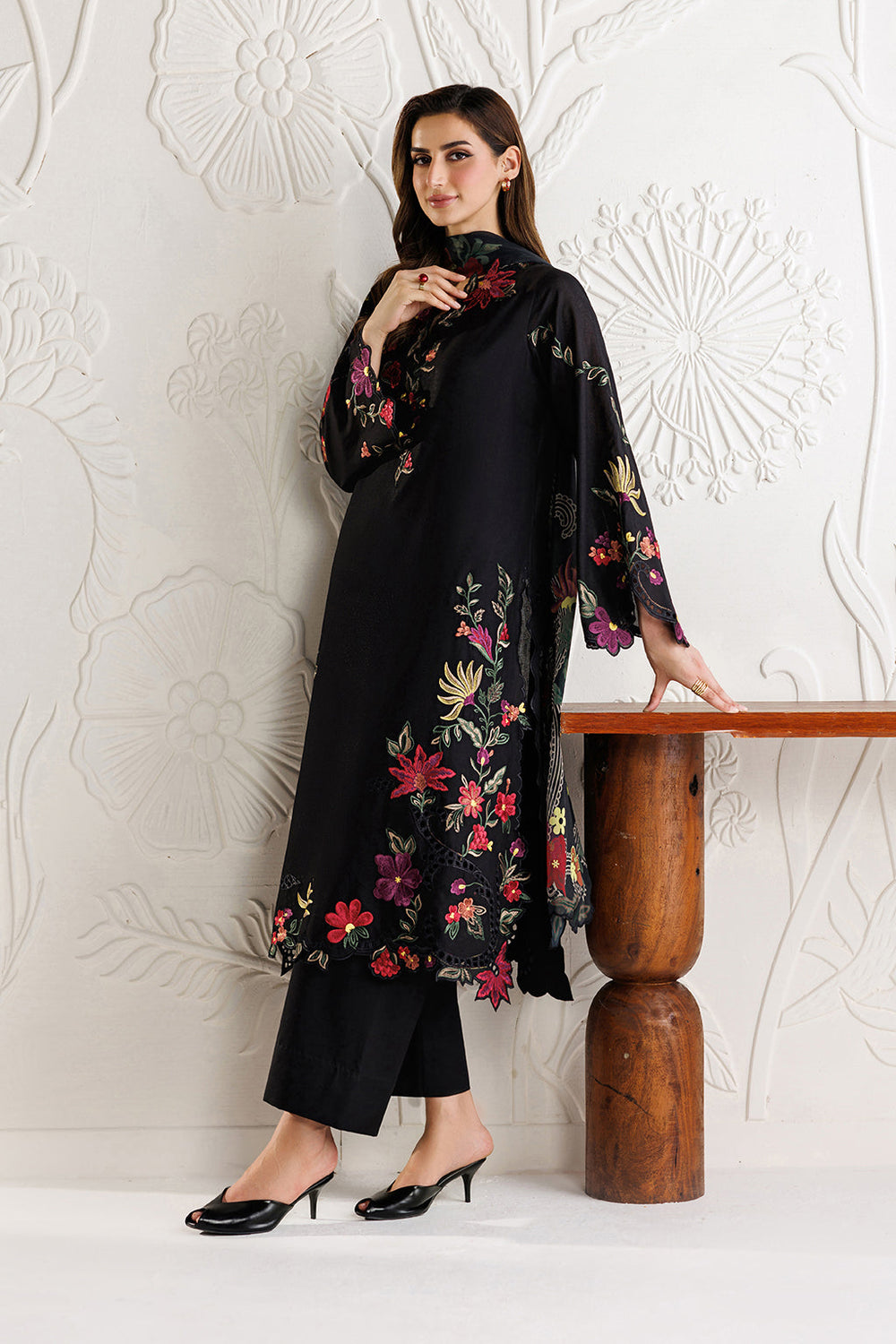 Black Embroidered Chiffon Suit with Digital Silk Dupatta |RTW