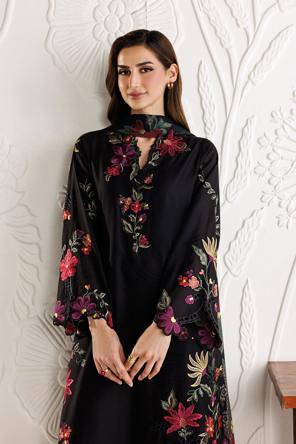 Black Embroidered Chiffon Suit with Digital Silk Dupatta |RTW