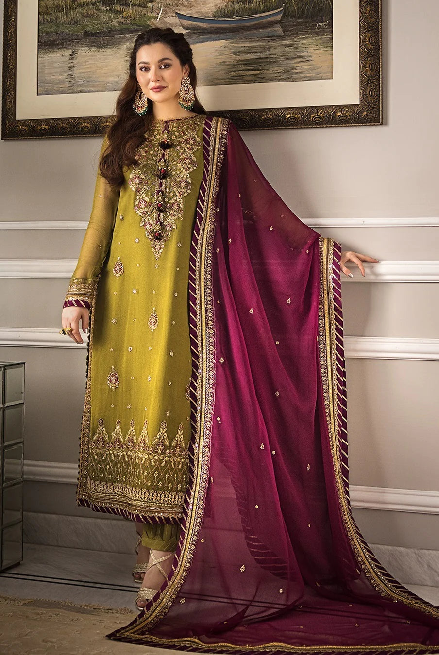 Olive Green and Maroon Chiffon Suit | Ready to Wear