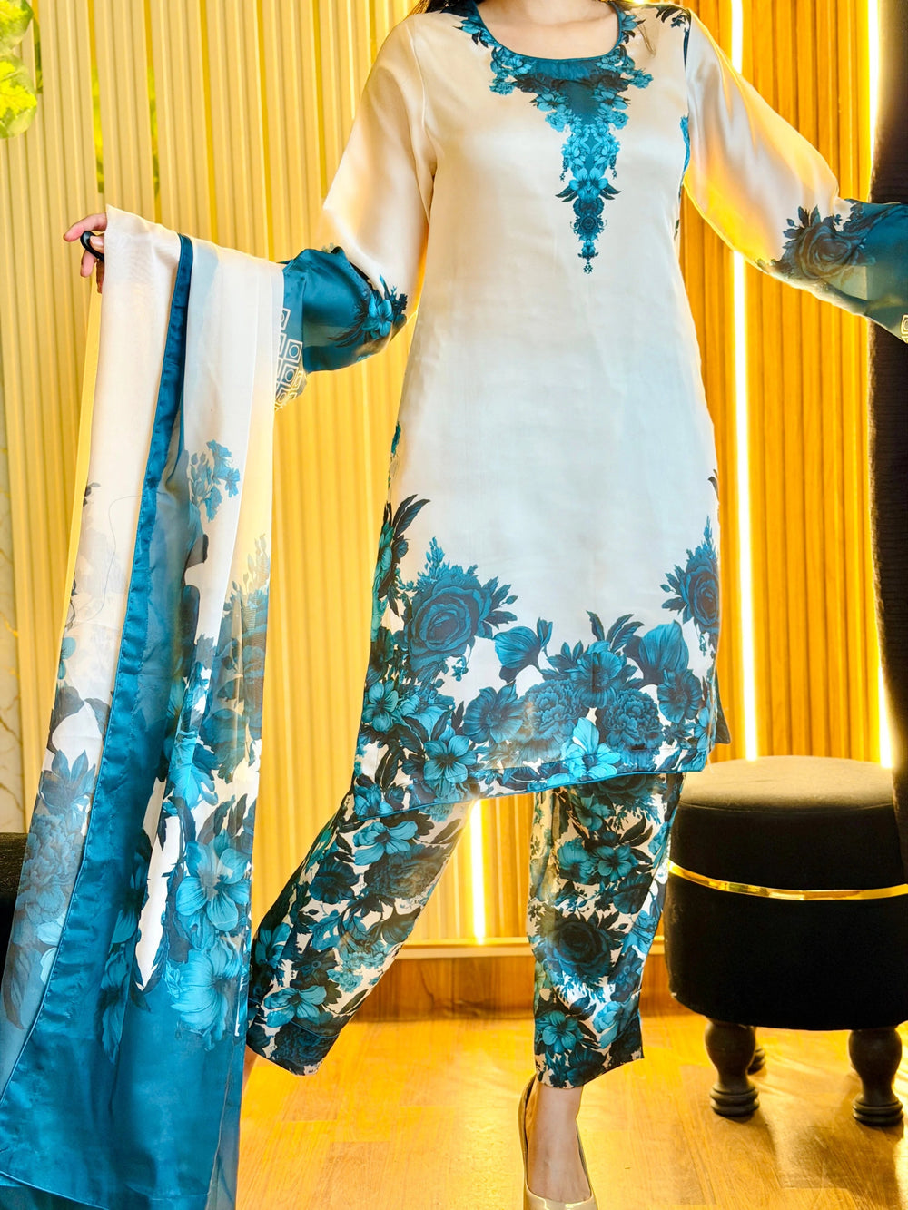 Ivory Teal Shamoze Silk Suit | RTW