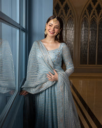 Ready to Wear Blue Embroidered Net Long Gown and Lehenga Set with Pouch