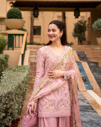 Blush Pink Sharara - 03-Piece Lawn Shirt With Silk Dupatta | Ready To Wear