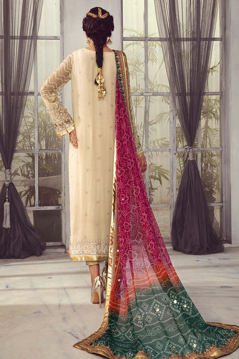 Beige Chiffon stitched with Addawork and Silk Dupatta |RTW