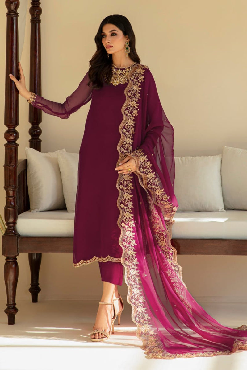 Deep Plum Embroidered Chiffon Suit with Addawork | Ready to Wear (Copy)