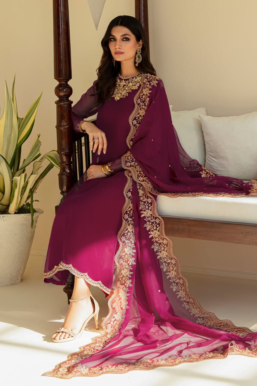 Deep Plum Embroidered Chiffon Suit with Addawork | Ready to Wear (Copy)