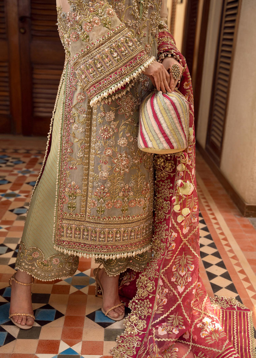 Pistachio & Crimson - 3 Piece Heavy Embroidered Suit | Ready To Wear