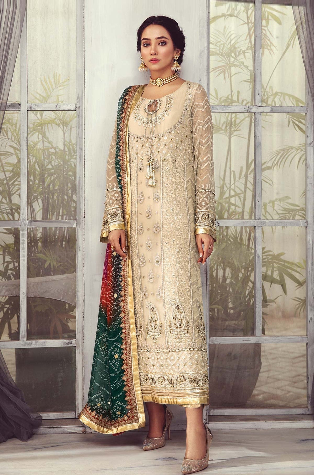 Beige Chiffon stitched with Addawork and Silk Dupatta |RTW