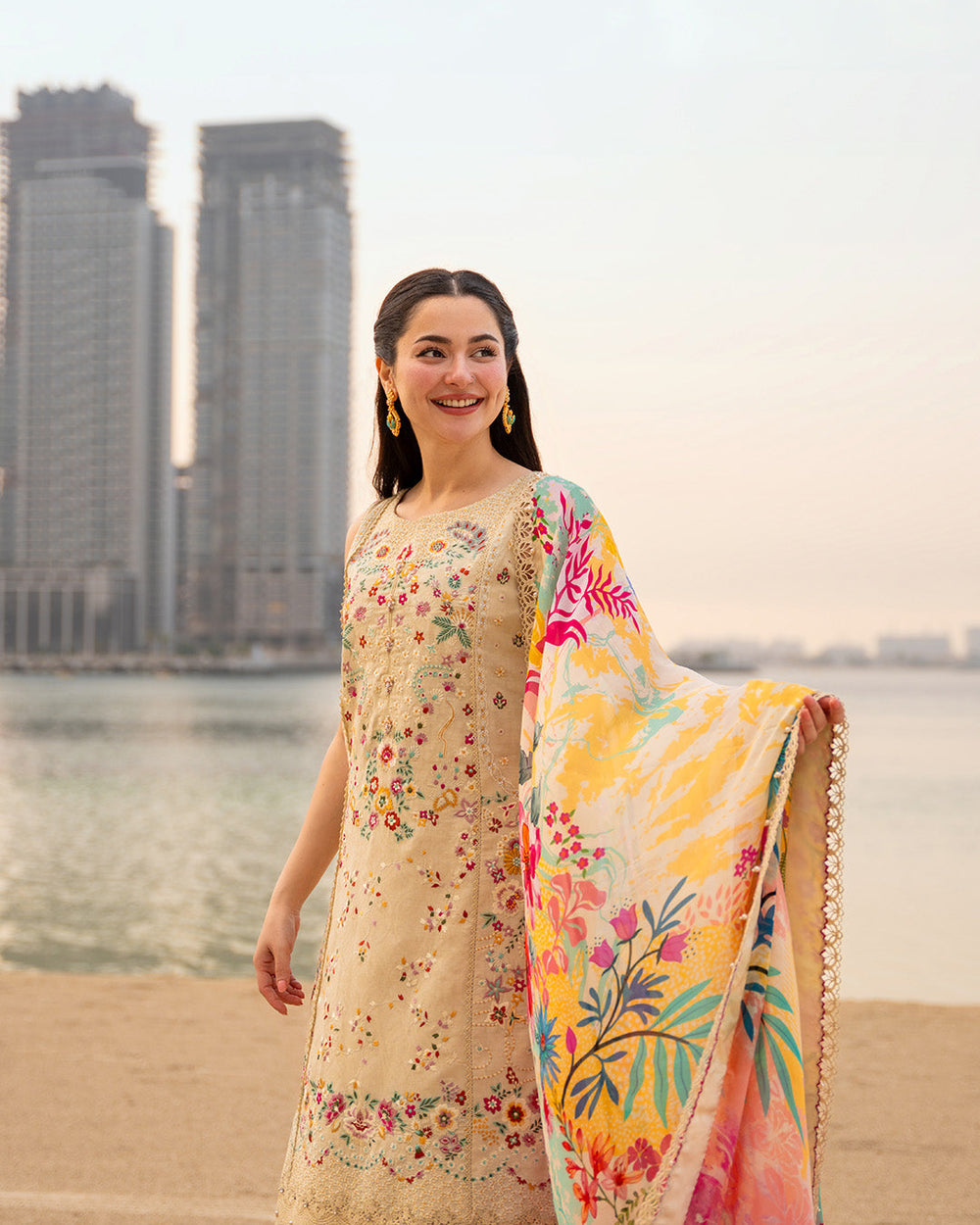 Luxury Embroidered Cotton Suit with Digital Printed Chiffon Dupatta |RTW