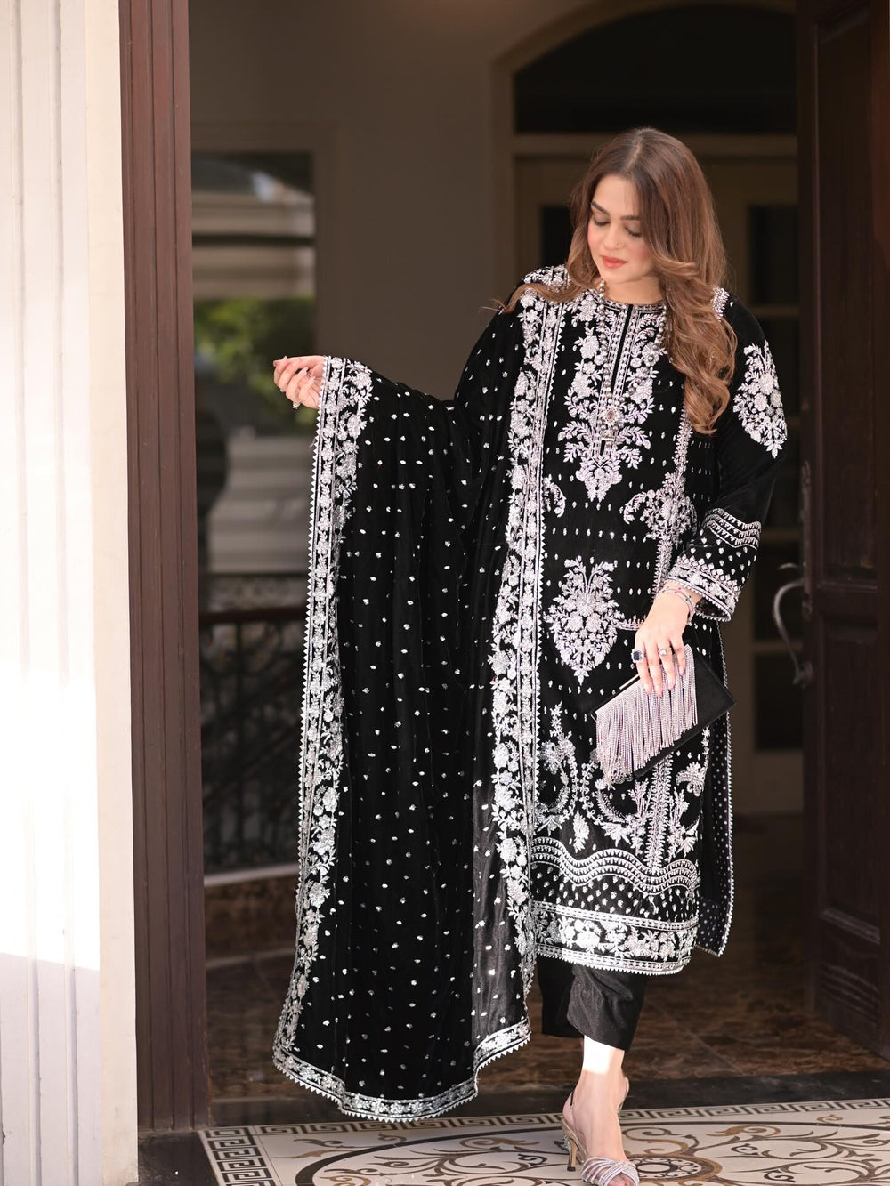 Black 9000 Pure Micro Velvet Ready to Wear Embroidered Festive Suit