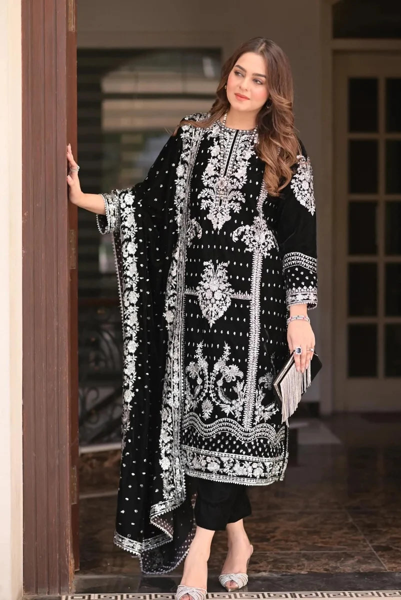 Black 9000 Pure Micro Velvet Ready to Wear Embroidered Festive Suit