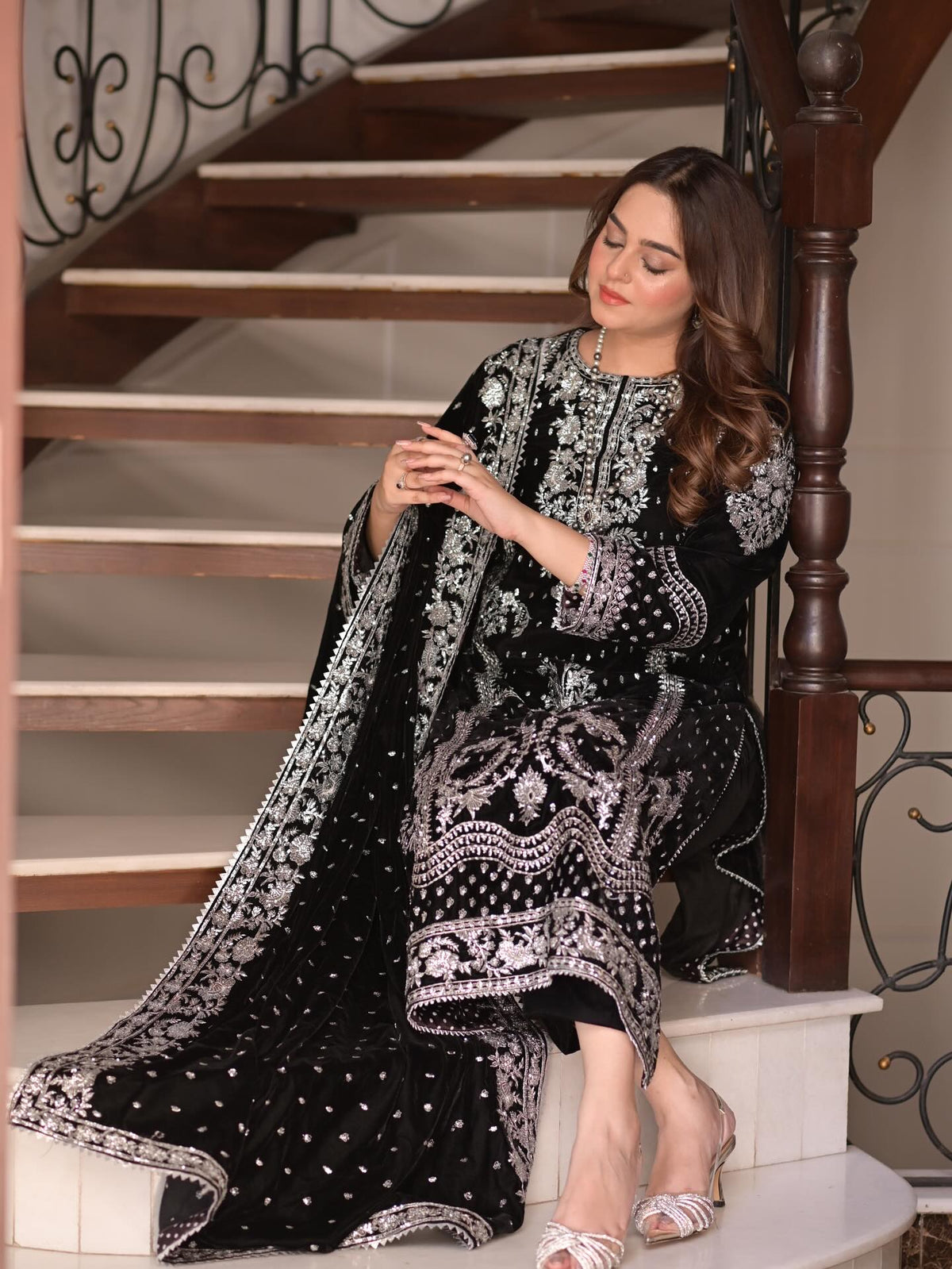 Black 9000 Pure Micro Velvet Ready to Wear Embroidered Festive Suit