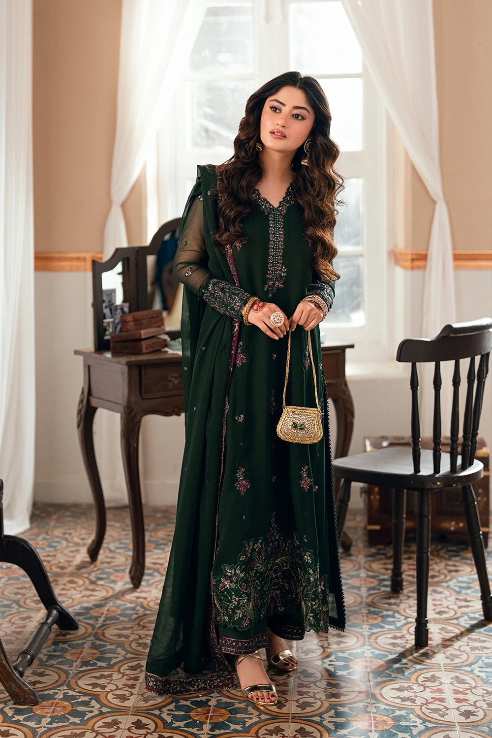 Dark Green Embroidered Chiffon Suit |Ready to Wear