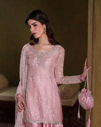 Pink Chiffon Gharara Set with Potli Pouch |Ready to Wear