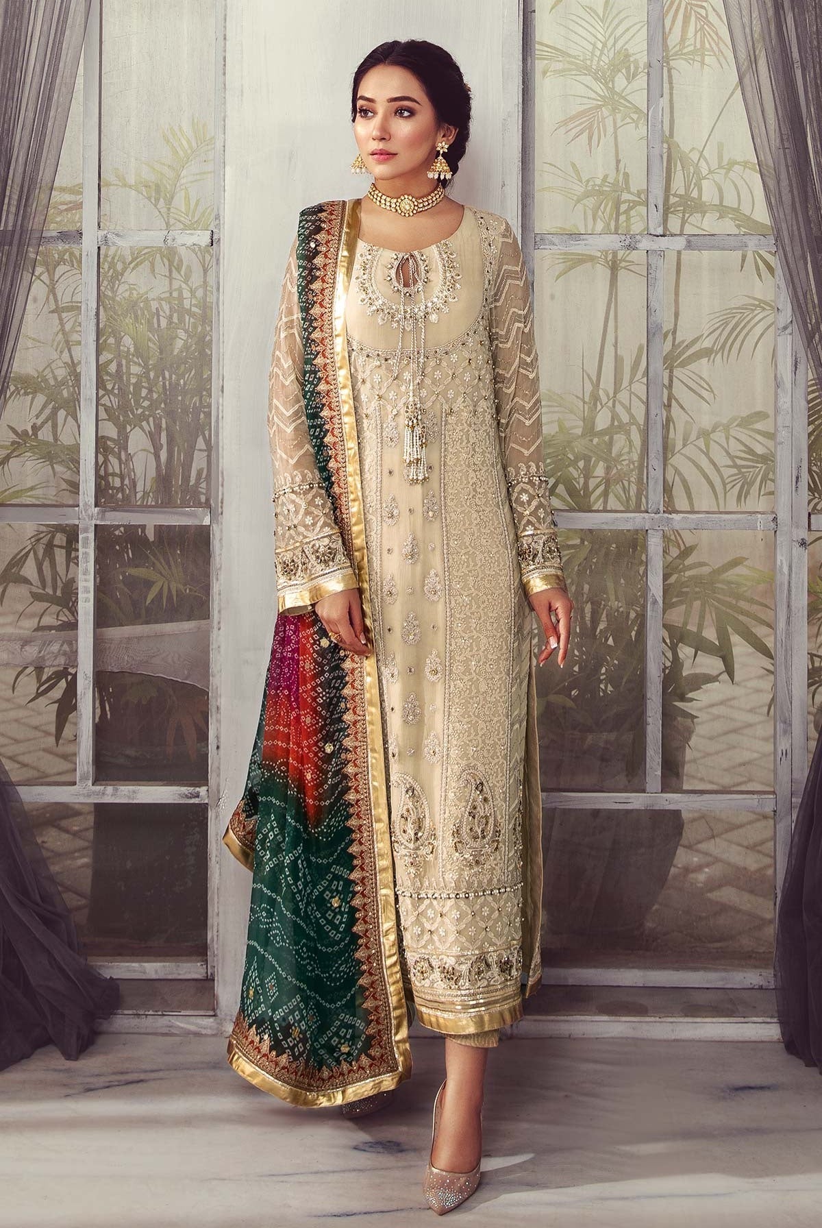 Beige Chiffon stitched with Addawork and Silk Dupatta |RTW