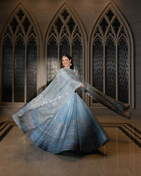 Ready to Wear Blue Embroidered Net Long Gown and Lehenga Set with Pouch