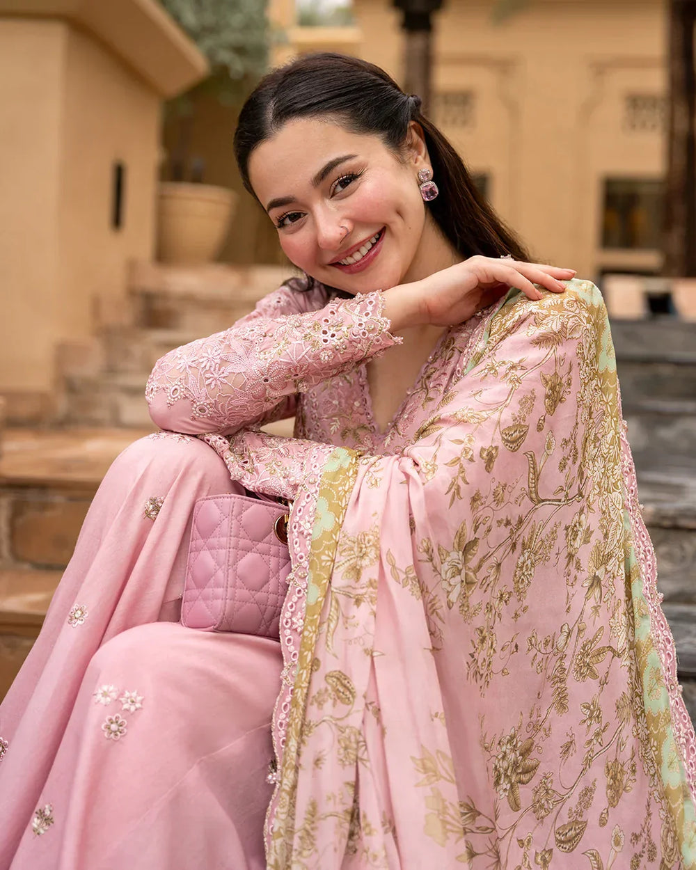 Blush Pink Sharara - 03-Piece Lawn Shirt With Silk Dupatta | Ready To Wear