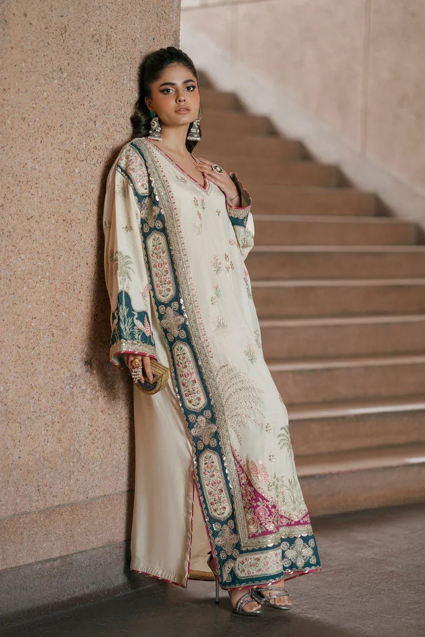 Ivory Oasis: 02-Piece Botanical Embroidered Silk Kaftan | Ready To Wear