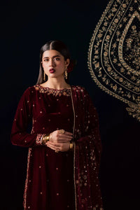 Deep Maroon Velvet & Gold Embroidered Suit | Ready To Wear