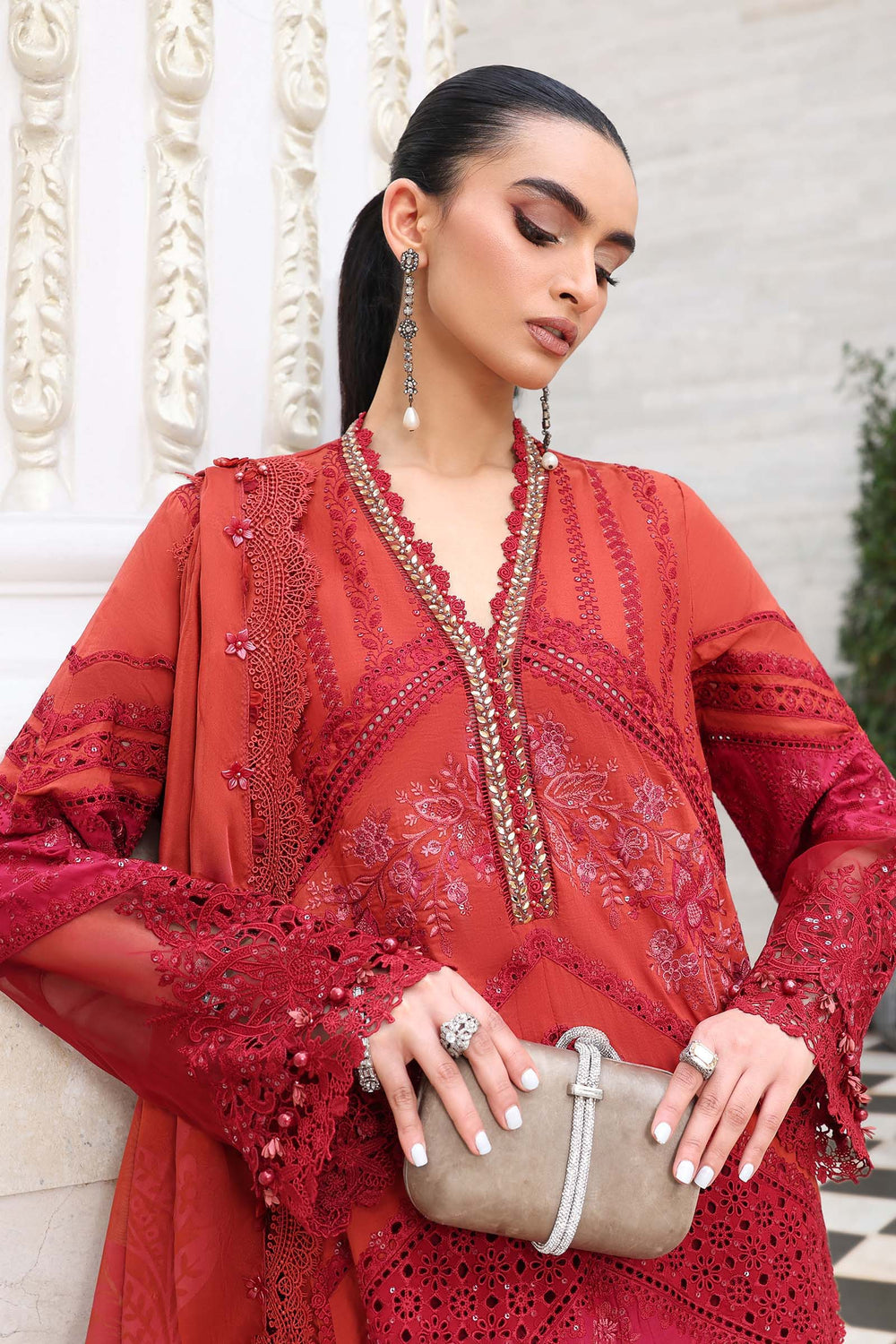 Rust Red Embroidered Chikankari Lawn Suit |Ready to Wear