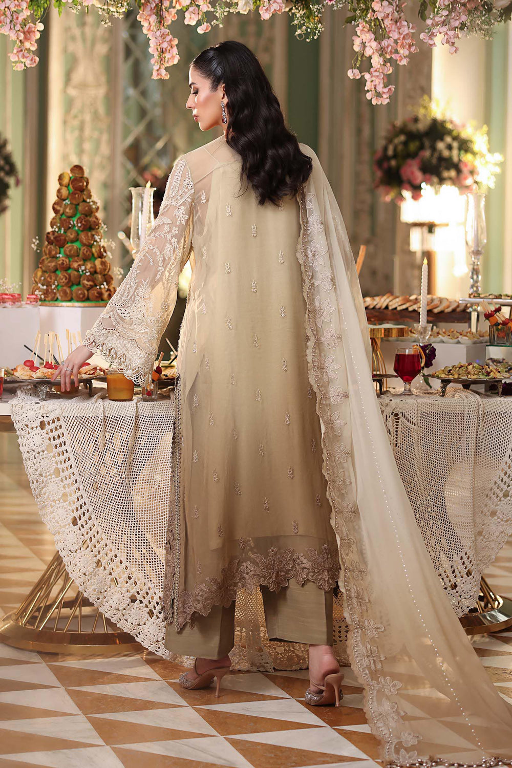 Tie and Dye Chiffon Embroidered Suit with Satin Silk Trouser | Ready to Wear