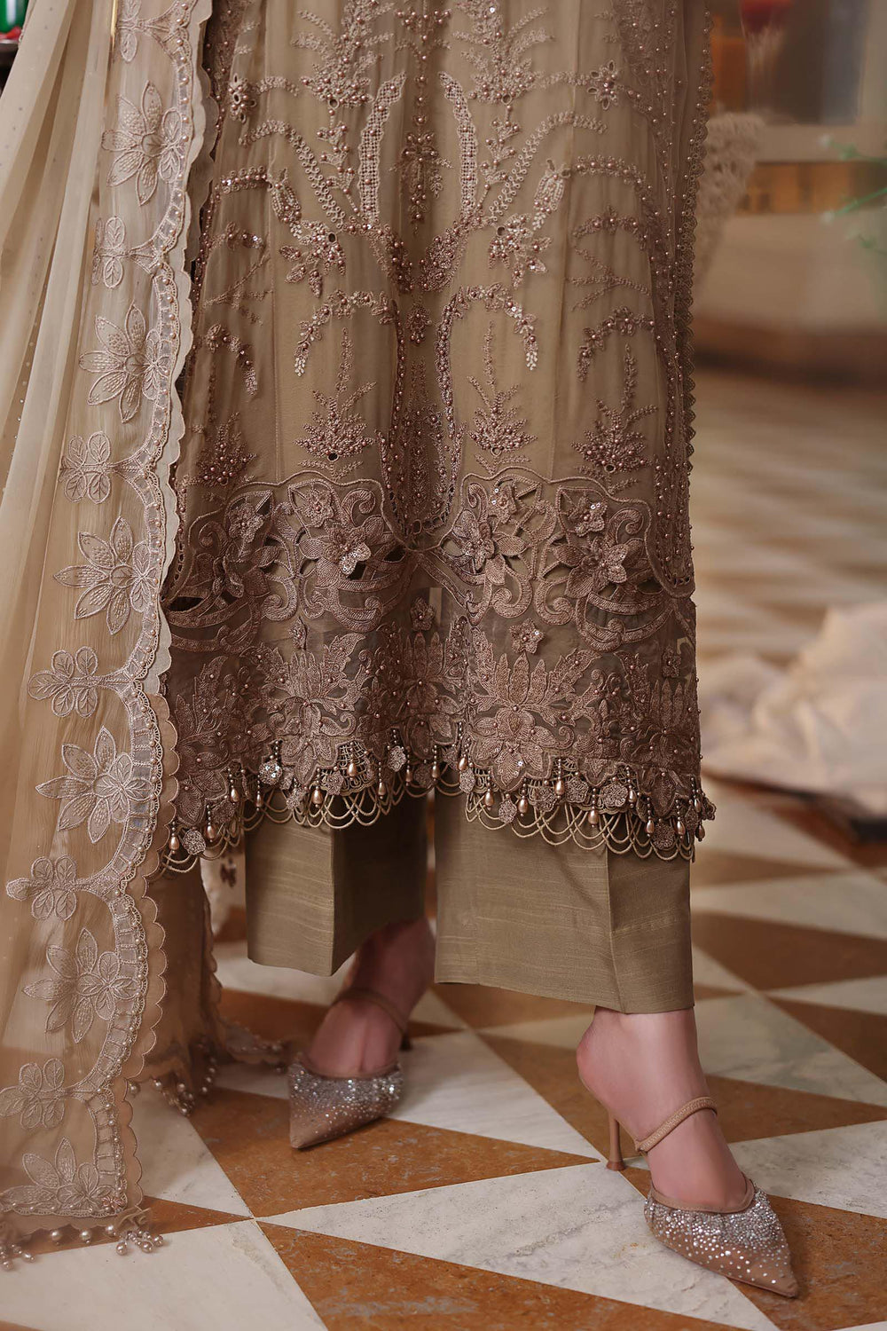 Tie and Dye Chiffon Embroidered Suit with Satin Silk Trouser | Ready to Wear