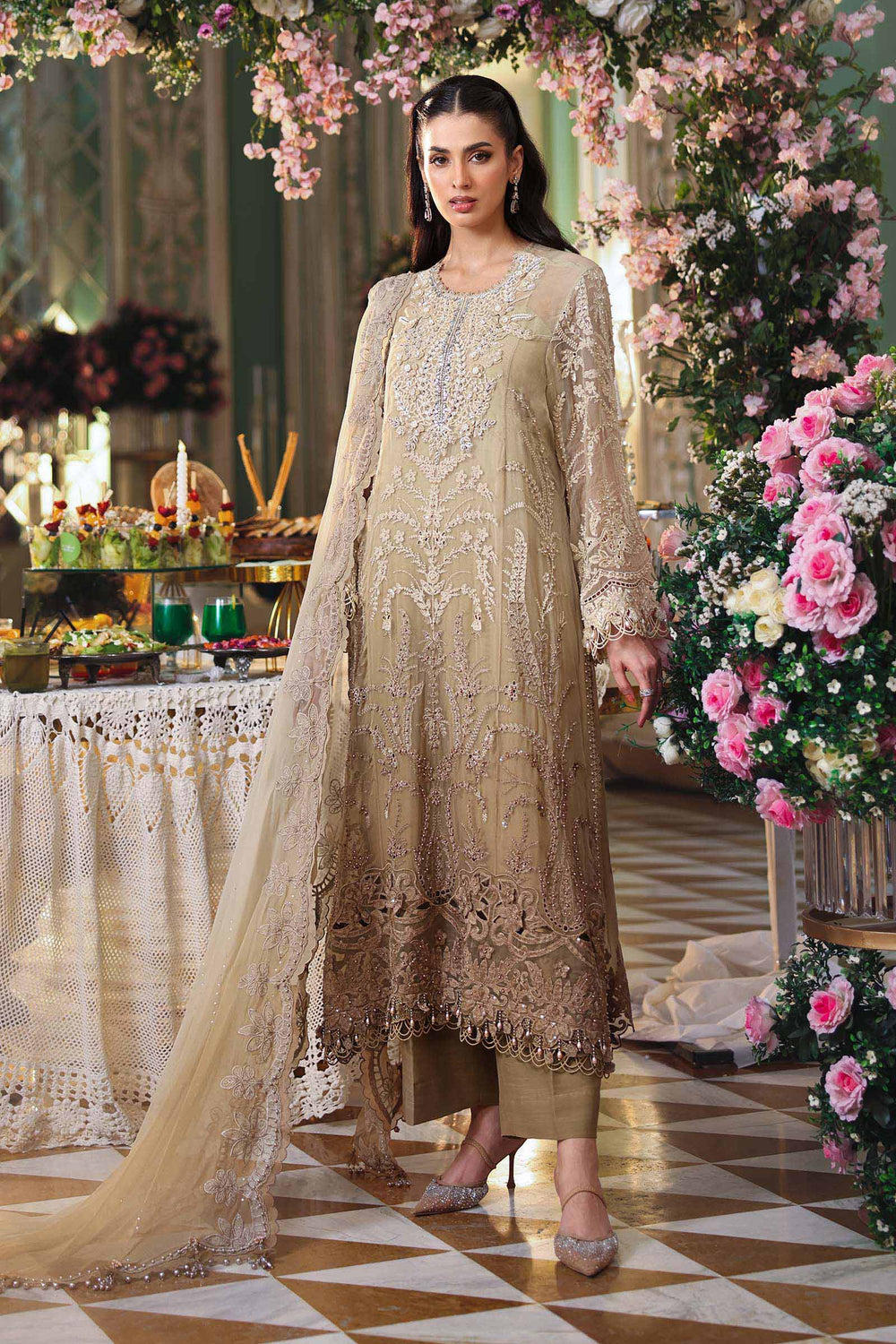 Tie and Dye Chiffon Embroidered Suit with Satin Silk Trouser | Ready to Wear