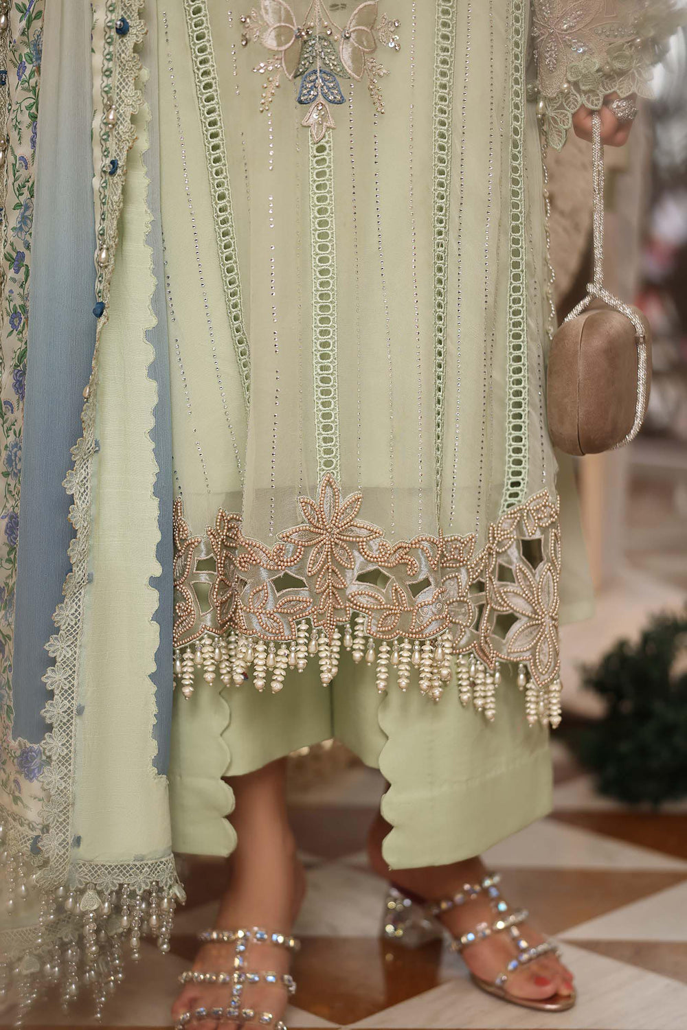 Mint Green Embroidered Chiffon Suit with Digital Printed Dupatta |RTW