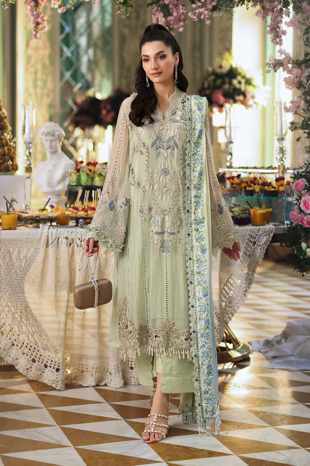Mint Green Embroidered Chiffon Suit with Digital Printed Dupatta |RTW