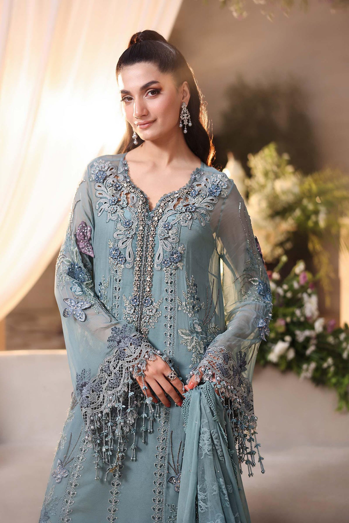Ice Blue Heavy Embroidered Chiffon Luxury Suit with Adda Work |Ready to Wear