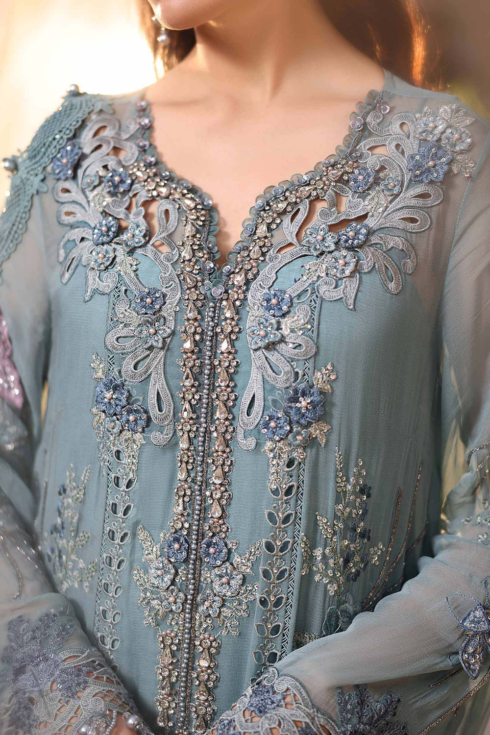 Ice Blue Heavy Embroidered Chiffon Luxury Suit with Adda Work |Ready to Wear