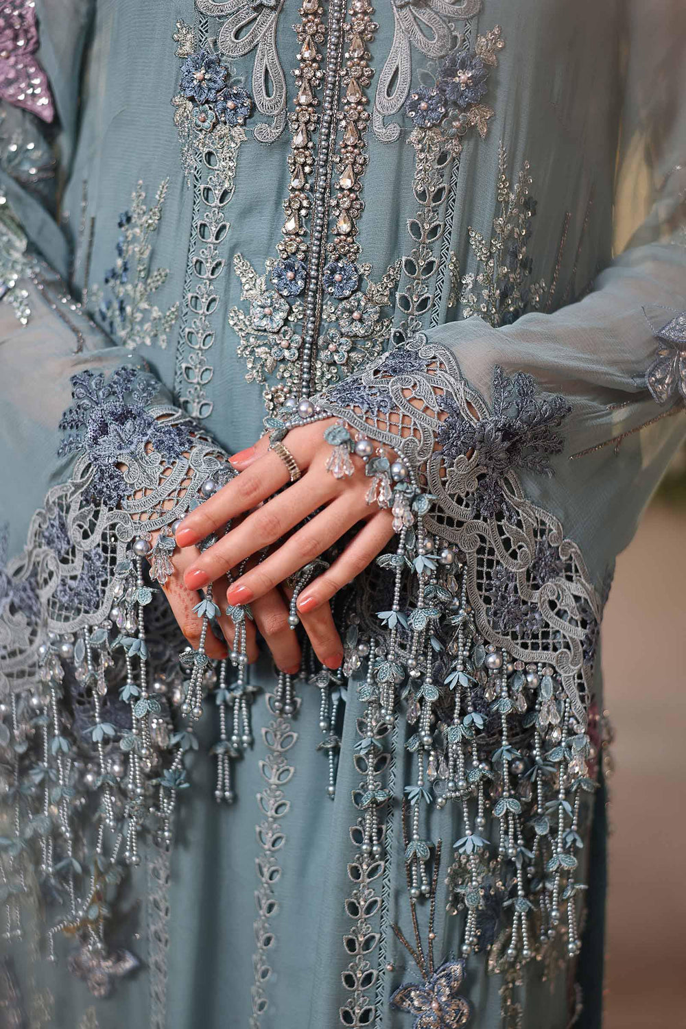 Ice Blue Heavy Embroidered Chiffon Luxury Suit with Adda Work |Ready to Wear