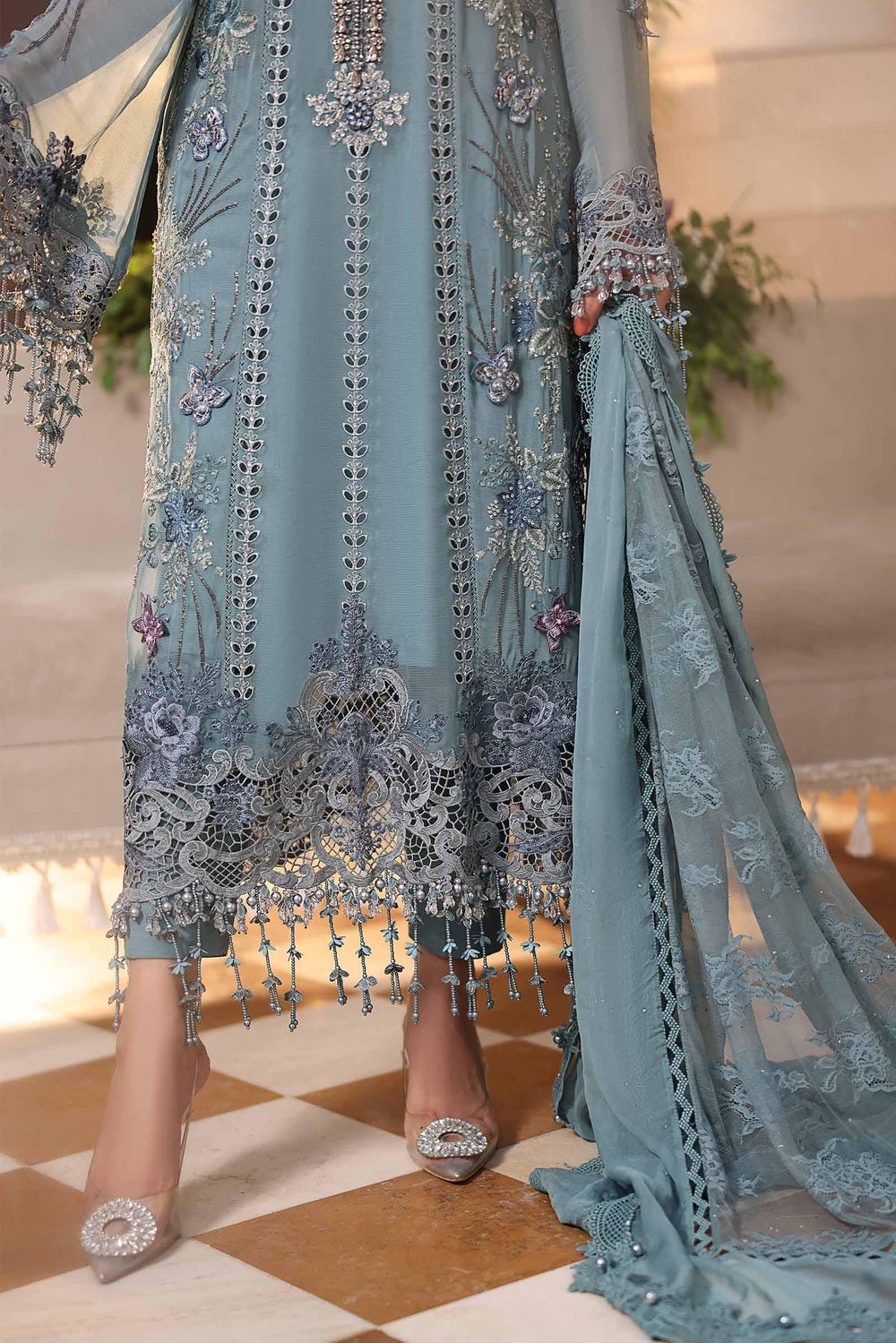 Ice Blue Heavy Embroidered Chiffon Luxury Suit with Adda Work |Ready to Wear