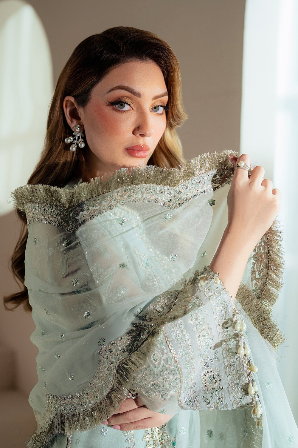 Ice Blue Heavy Embroidered Chiffon Suit with Adda Work |Ready to Wear