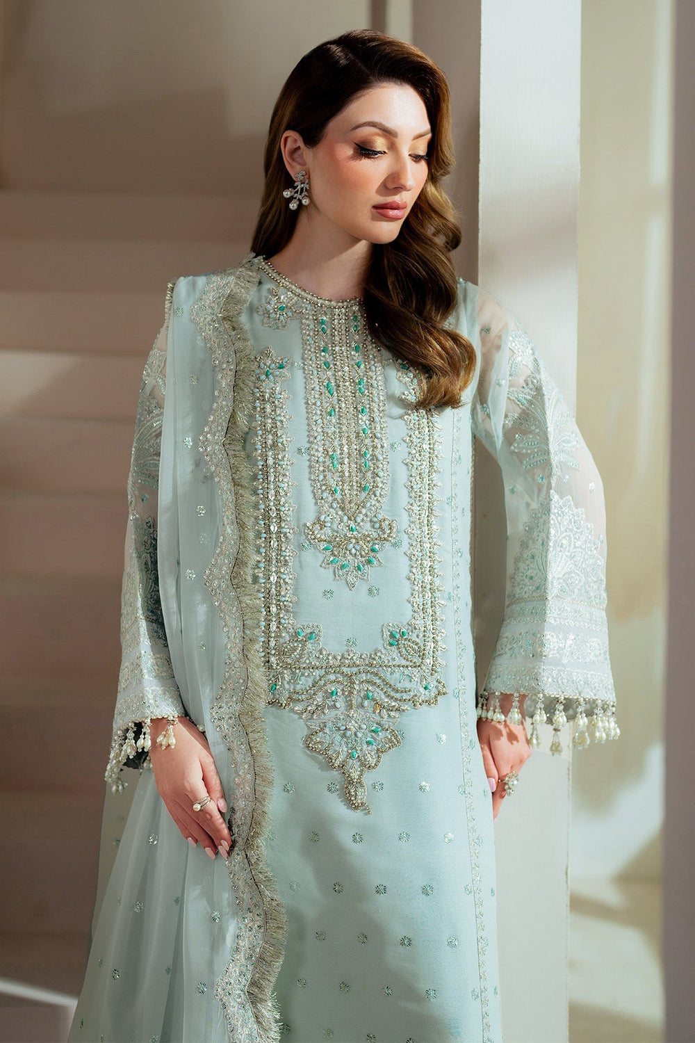 Ice Blue Heavy Embroidered Chiffon Suit with Adda Work |Ready to Wear