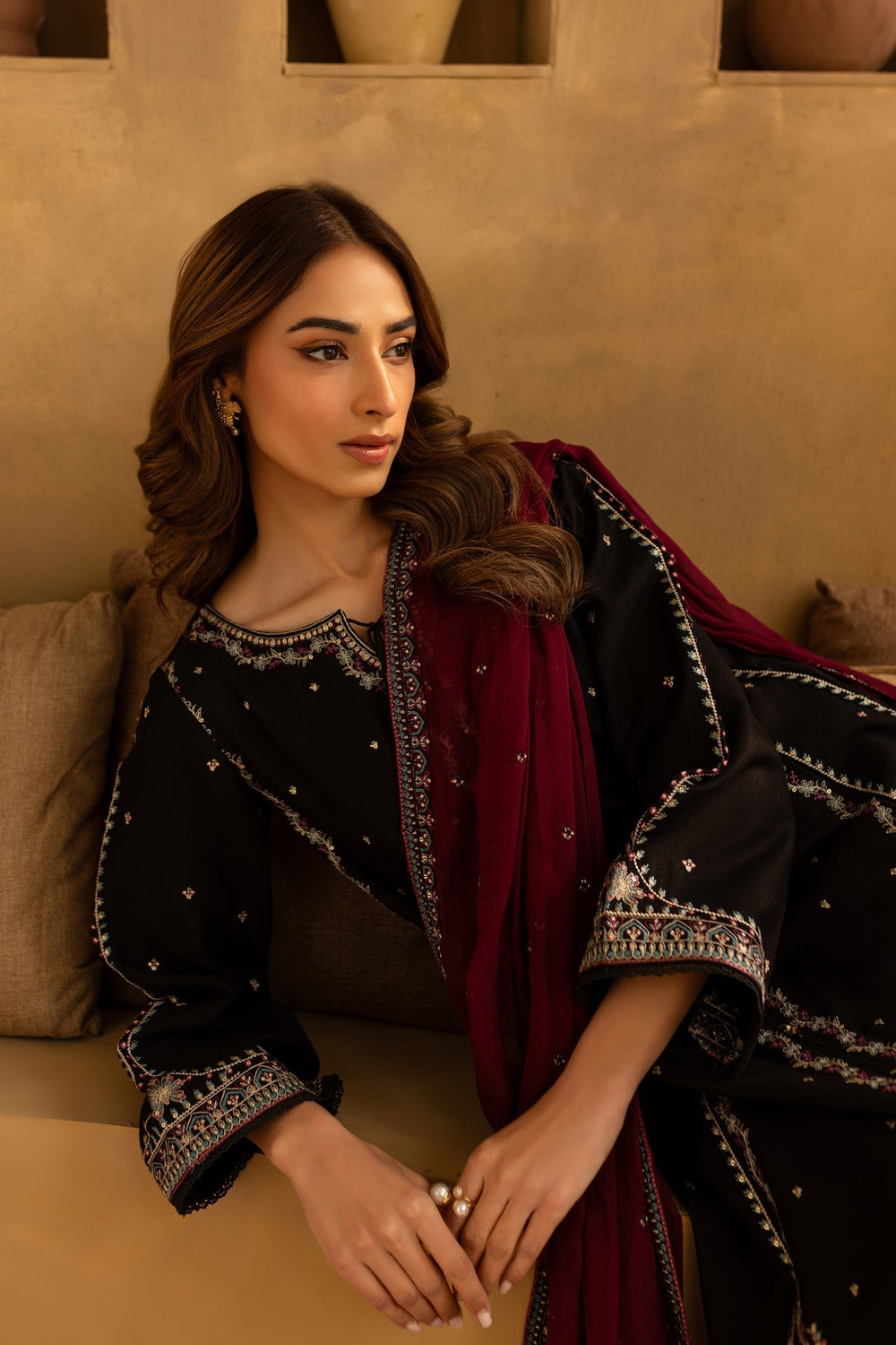 Black Cotton Silk Embroidered Suit with Chiffon Dupatta | Ready to Wear