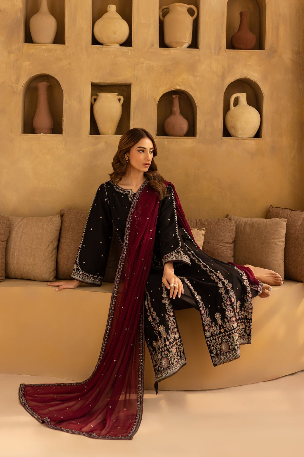 Black Cotton Silk Embroidered Suit with Chiffon Dupatta | Ready to Wear